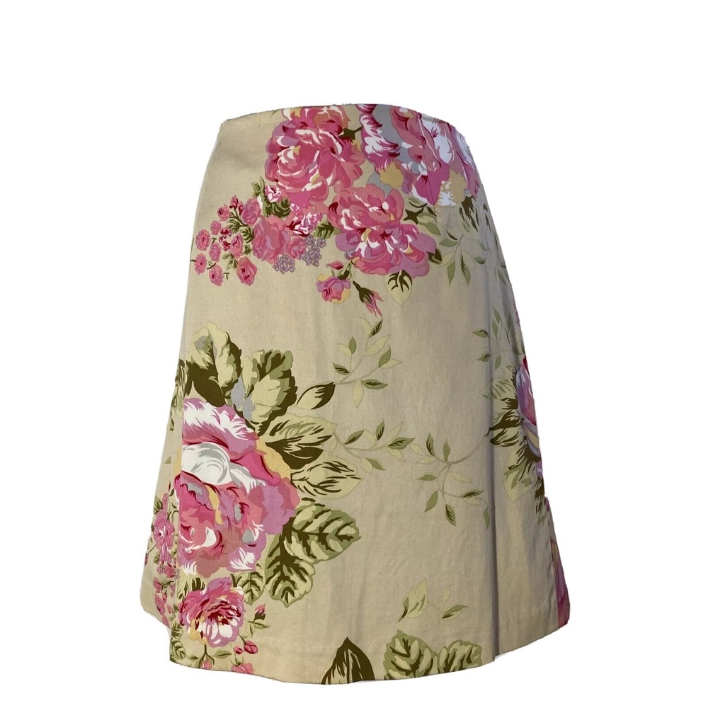 Yuka Resort Skirt 8 Bold Pink Floral Beige Green Leaves A Line Stretch Cotton